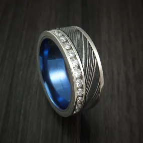 14K White Gold and Diamond Eternity Men's Ring with Kuro Damascus Steel and Anodized Titanium Sleeve Custom Made Band