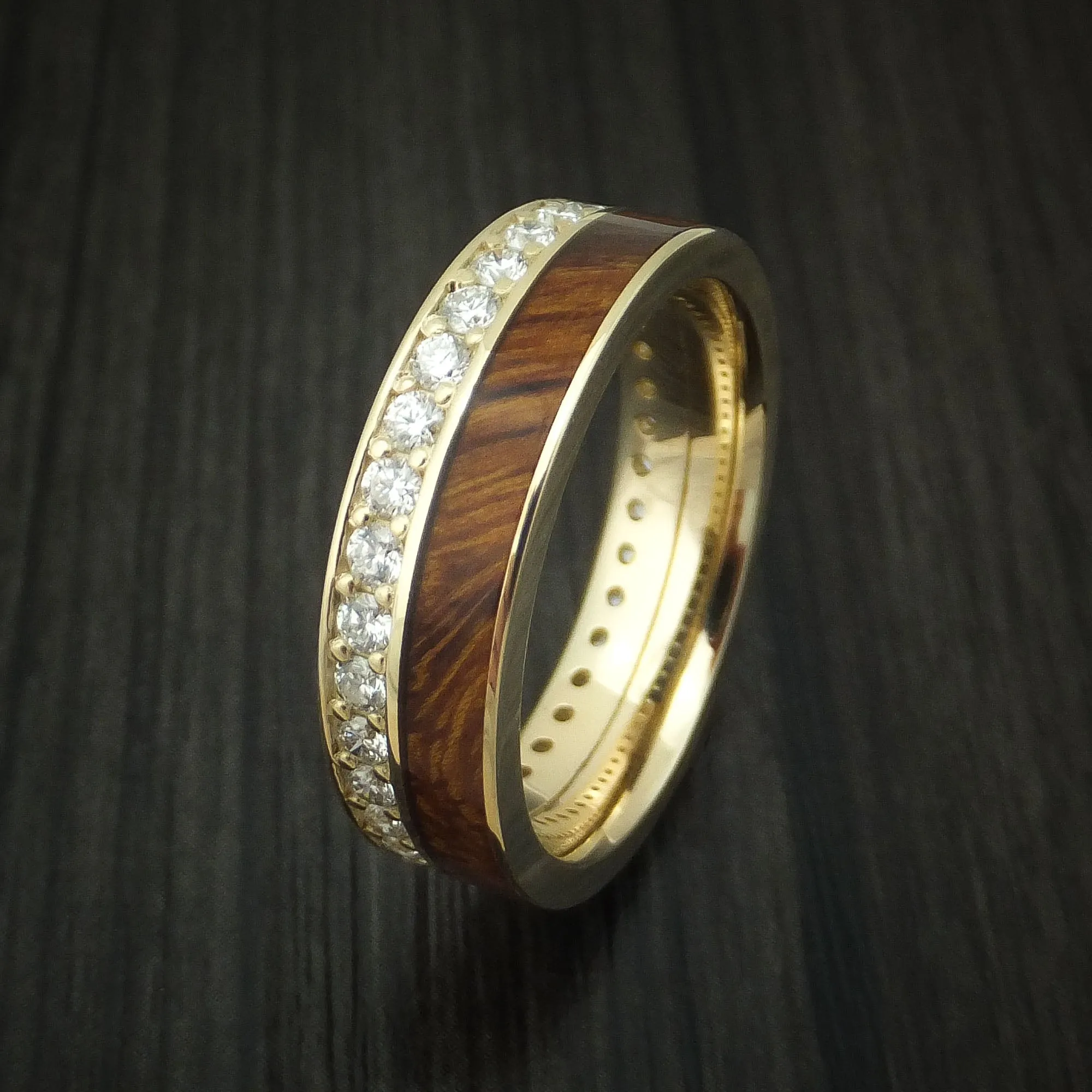 14K Yellow Gold Eternity Diamond Band with Desert Ironwood Burl Inlay Custom Made Ring