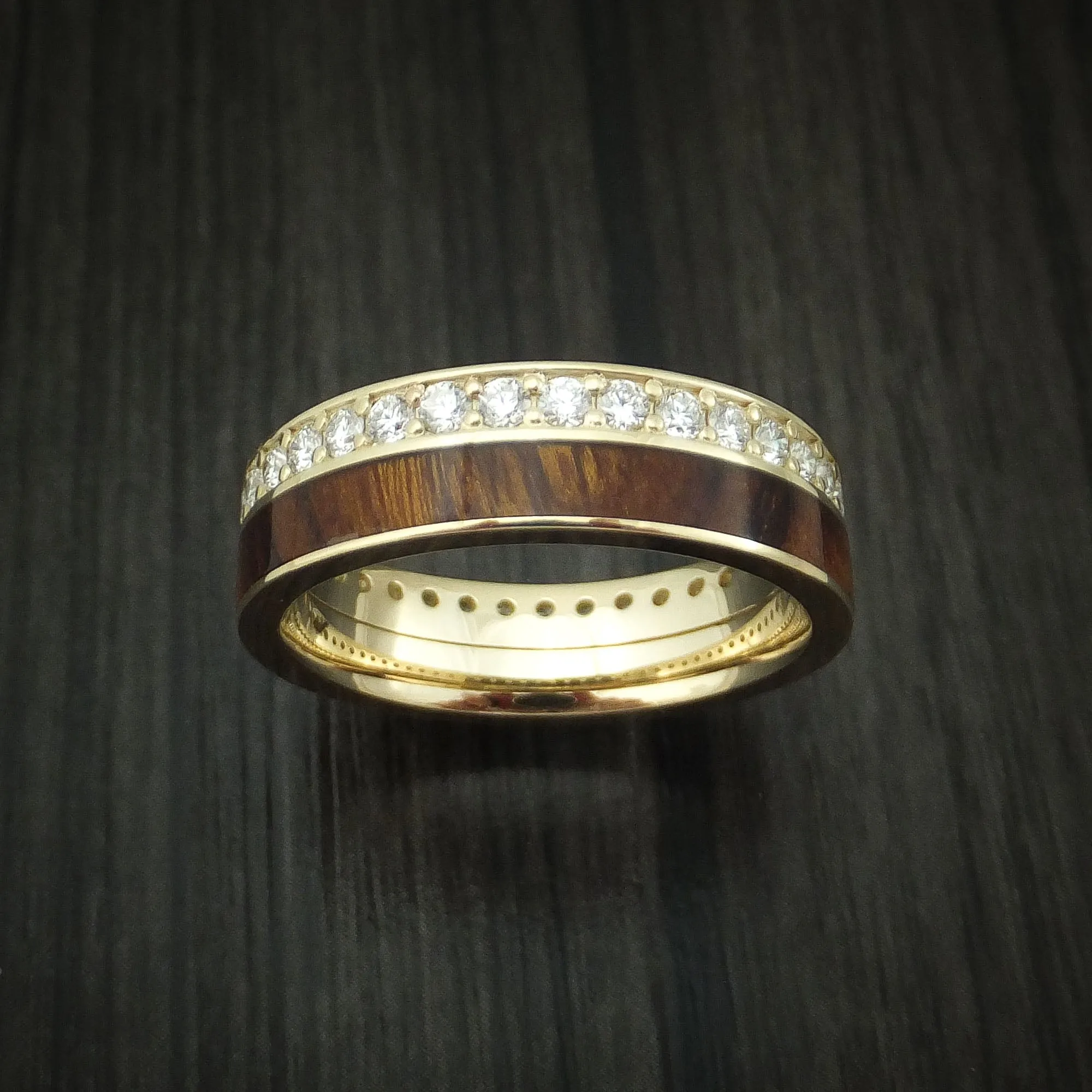 14K Yellow Gold Eternity Diamond Band with Desert Ironwood Burl Inlay Custom Made Ring