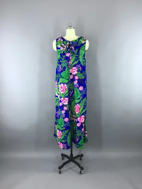 1960s Vintage Blue Hawaiian Print Caftan Dress