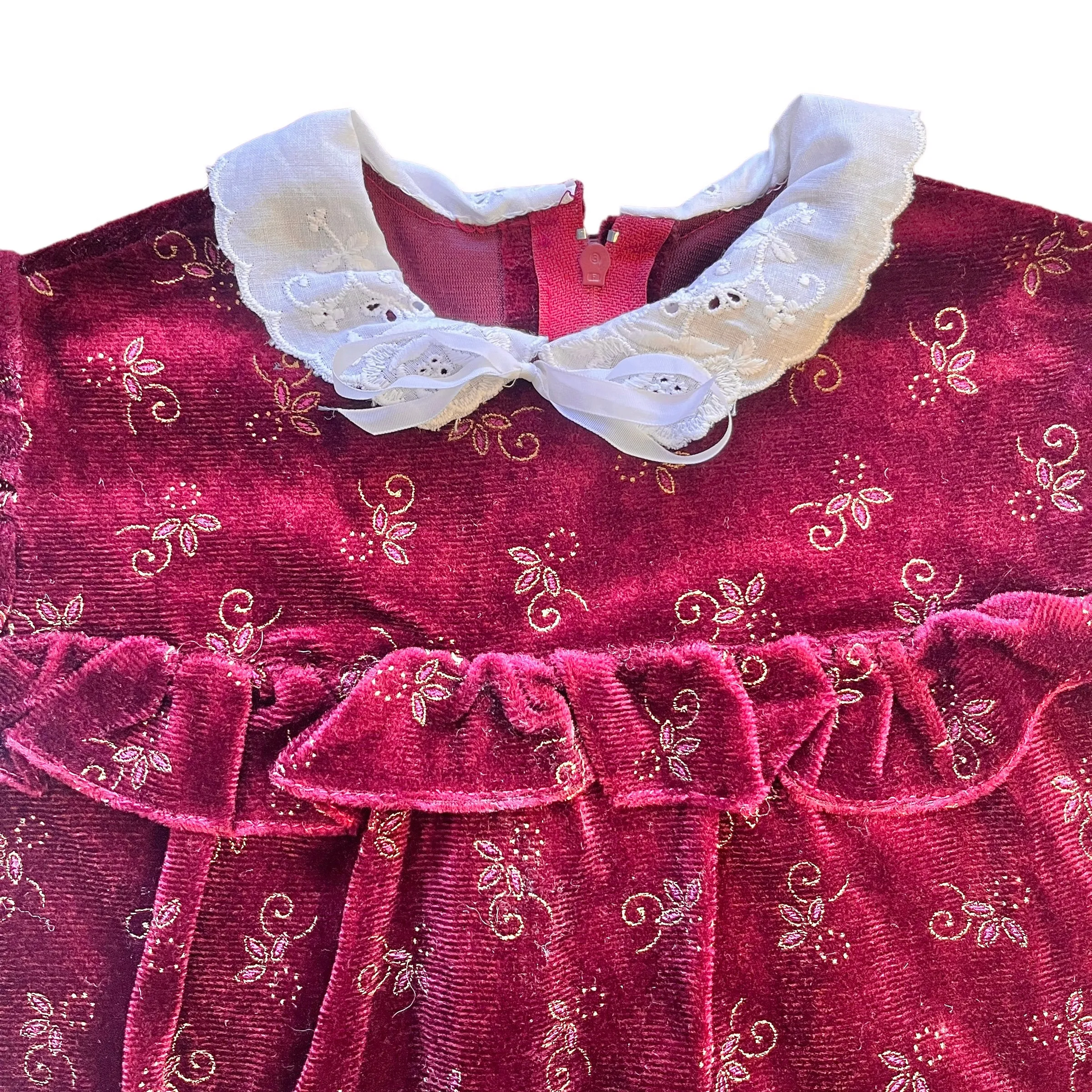 1970's  Dark Red Velvet Dress / 6-8Y