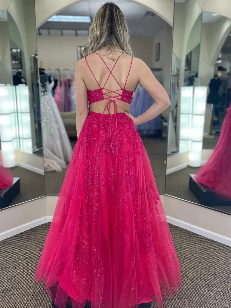 A Line Fuchsia Pink  Lace Backless Long Prom Dresses, Fuchsia Pink Lace Long Formal Evening Dresses