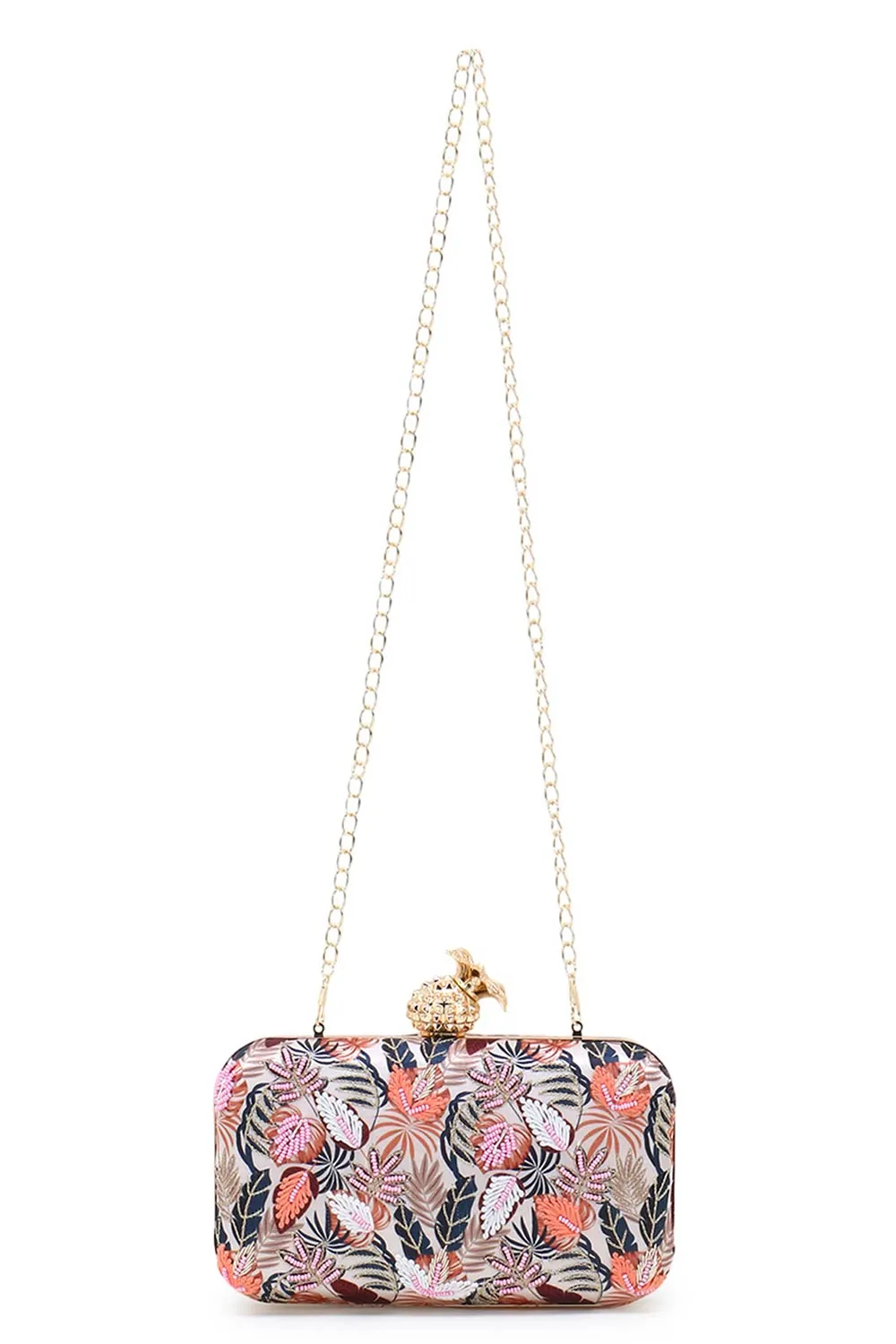 Adorn Cream & Multi Printed Satin Botanical Embroidered Clutch