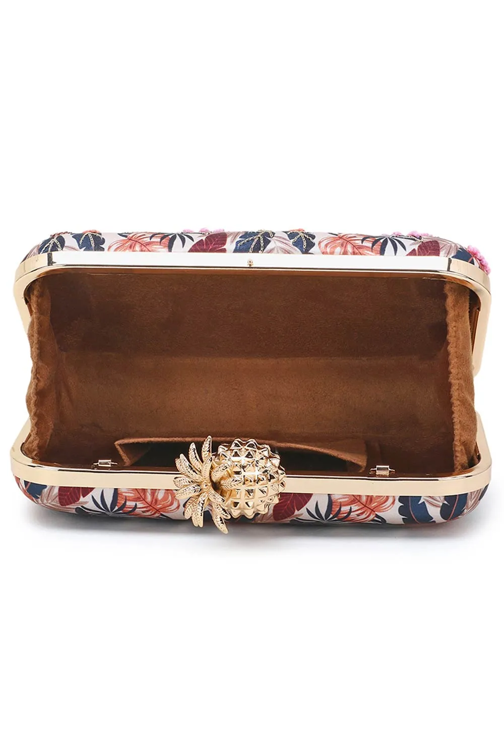 Adorn Cream & Multi Printed Satin Botanical Embroidered Clutch