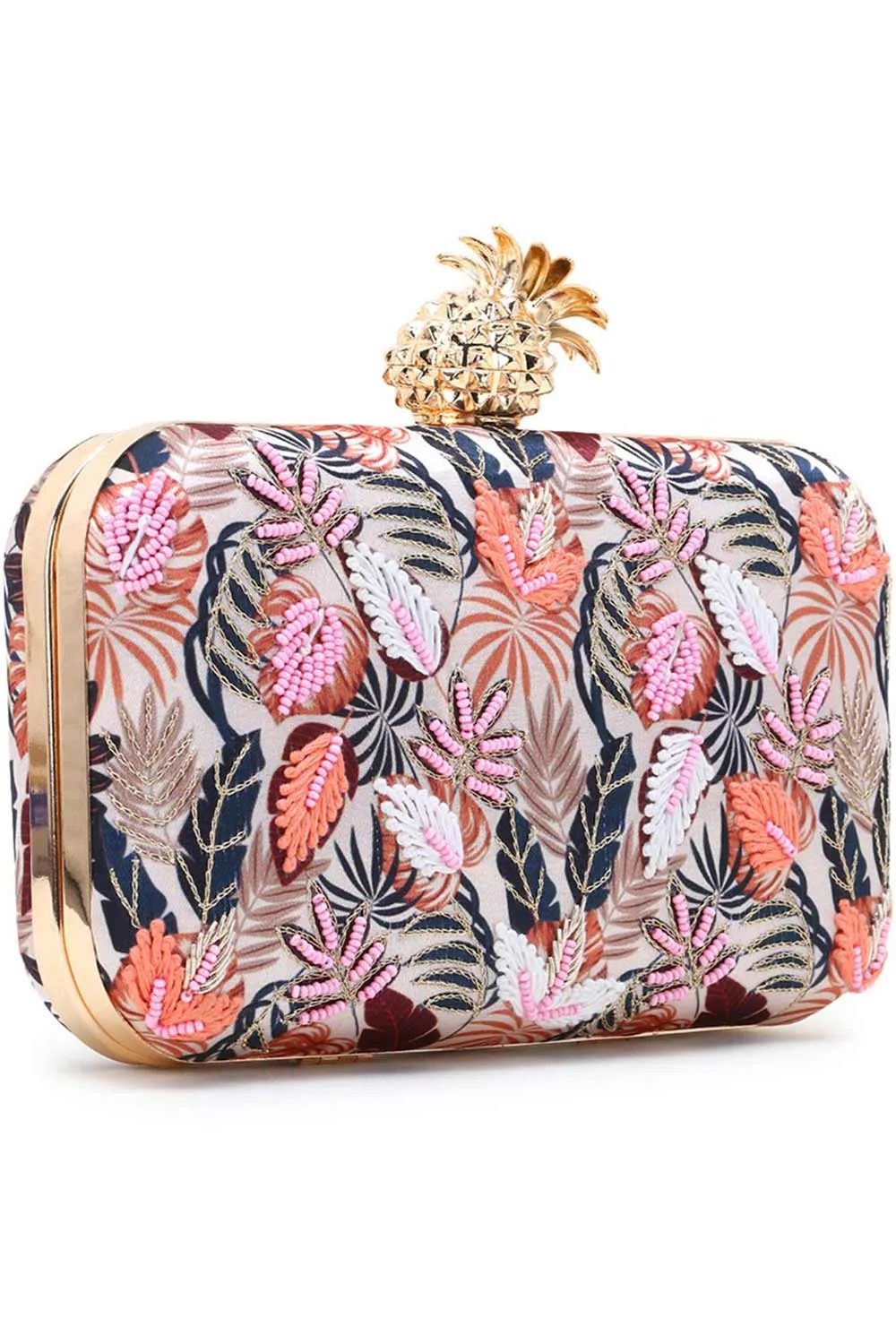 Adorn Cream & Multi Printed Satin Botanical Embroidered Clutch