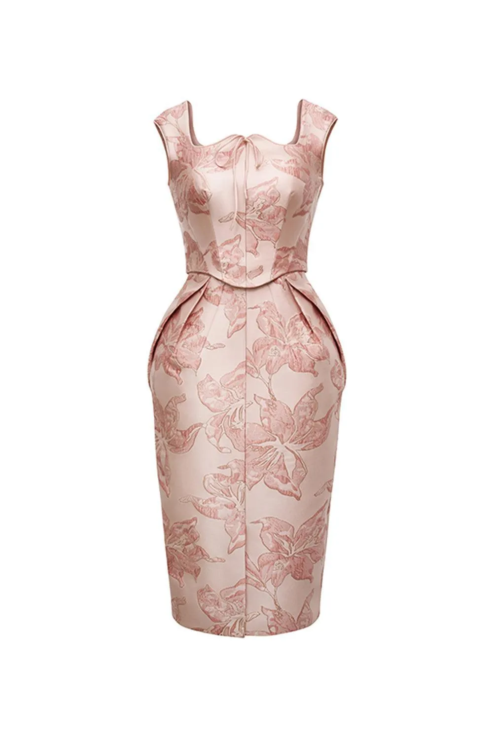 Antoinette Pegged Curved Neck Brocade Midi Dress