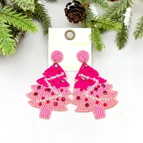 Beaded Christmas Tree Earrings in Pink Tones