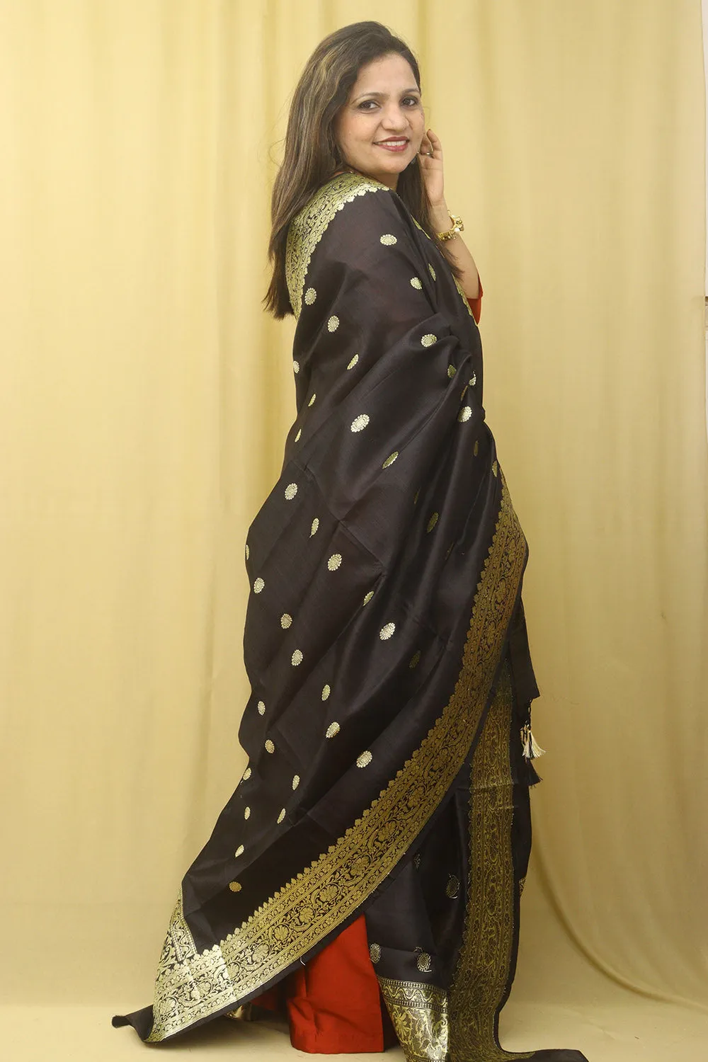 Black Handloom Banarasi Pure Katan Silk Kadwa Dupatta