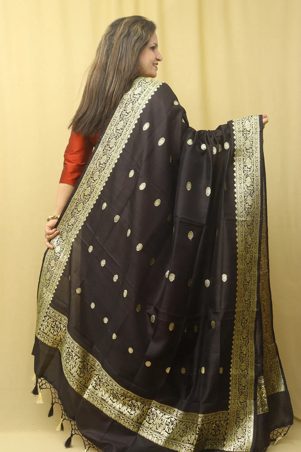 Black Handloom Banarasi Pure Katan Silk Kadwa Dupatta