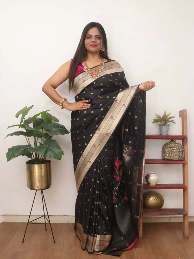 Black Paithani Silk Bird And Flower Design Muniya Border Saree