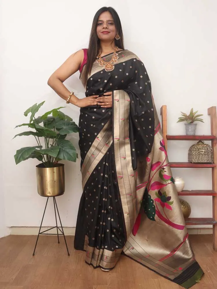 Black Paithani Silk Bird And Flower Design Muniya Border Saree