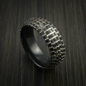 Black Titanium Carved Tread Design Men's Ring Bold Unique Band Custom Made