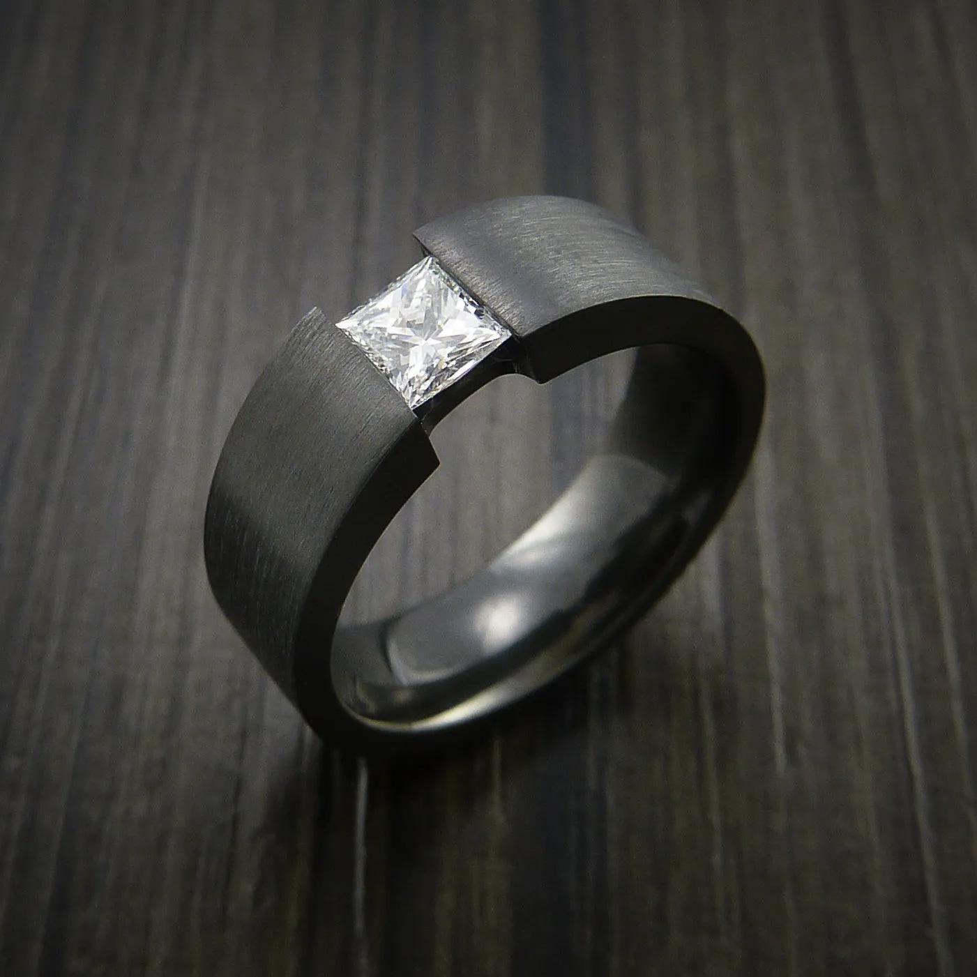 Black Titanium Ring Tension Setting Band with Princess Cut Moissanite