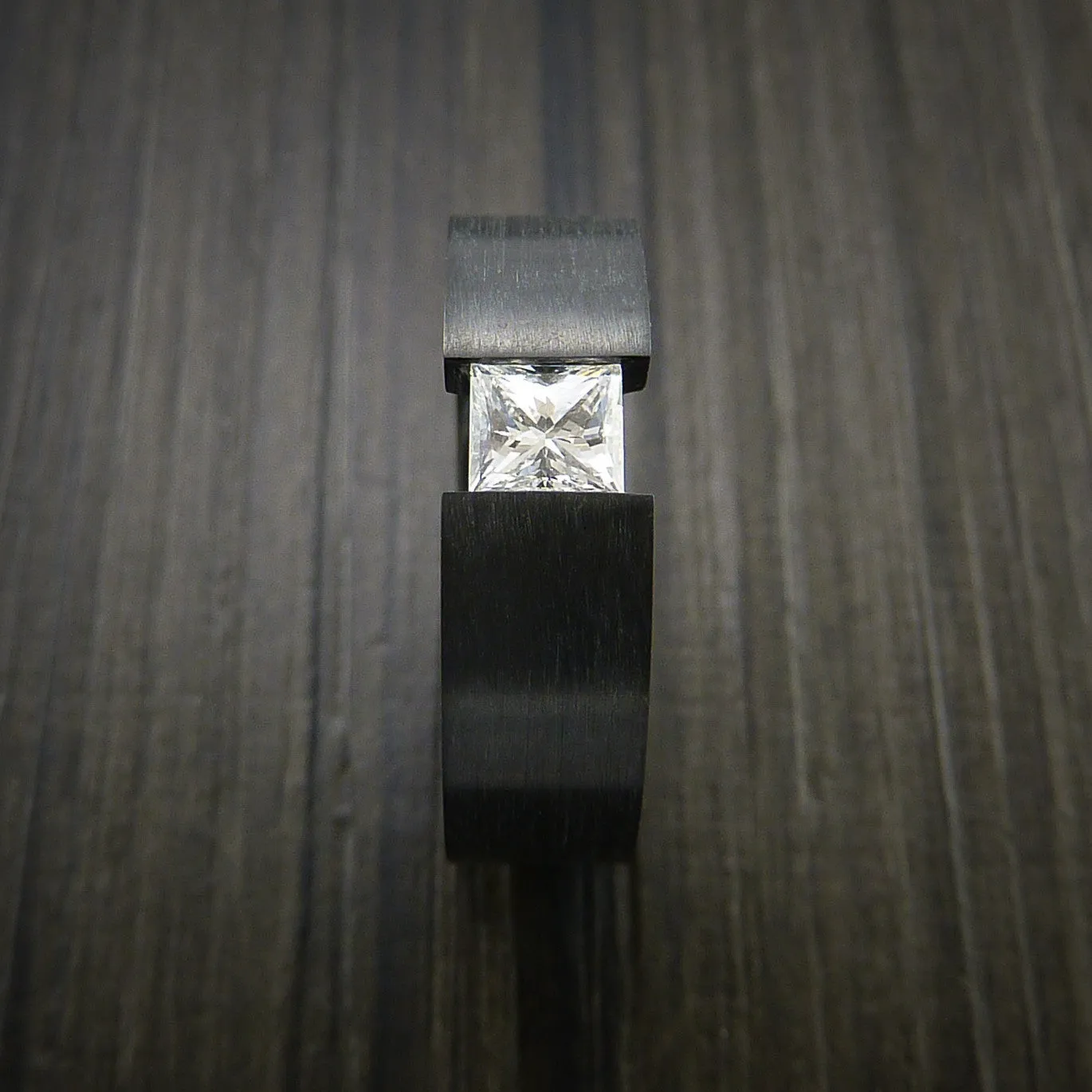 Black Titanium Ring Tension Setting Band with Princess Cut Moissanite