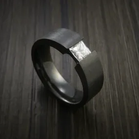 Black Titanium Ring Tension Setting Band with Princess Cut Moissanite