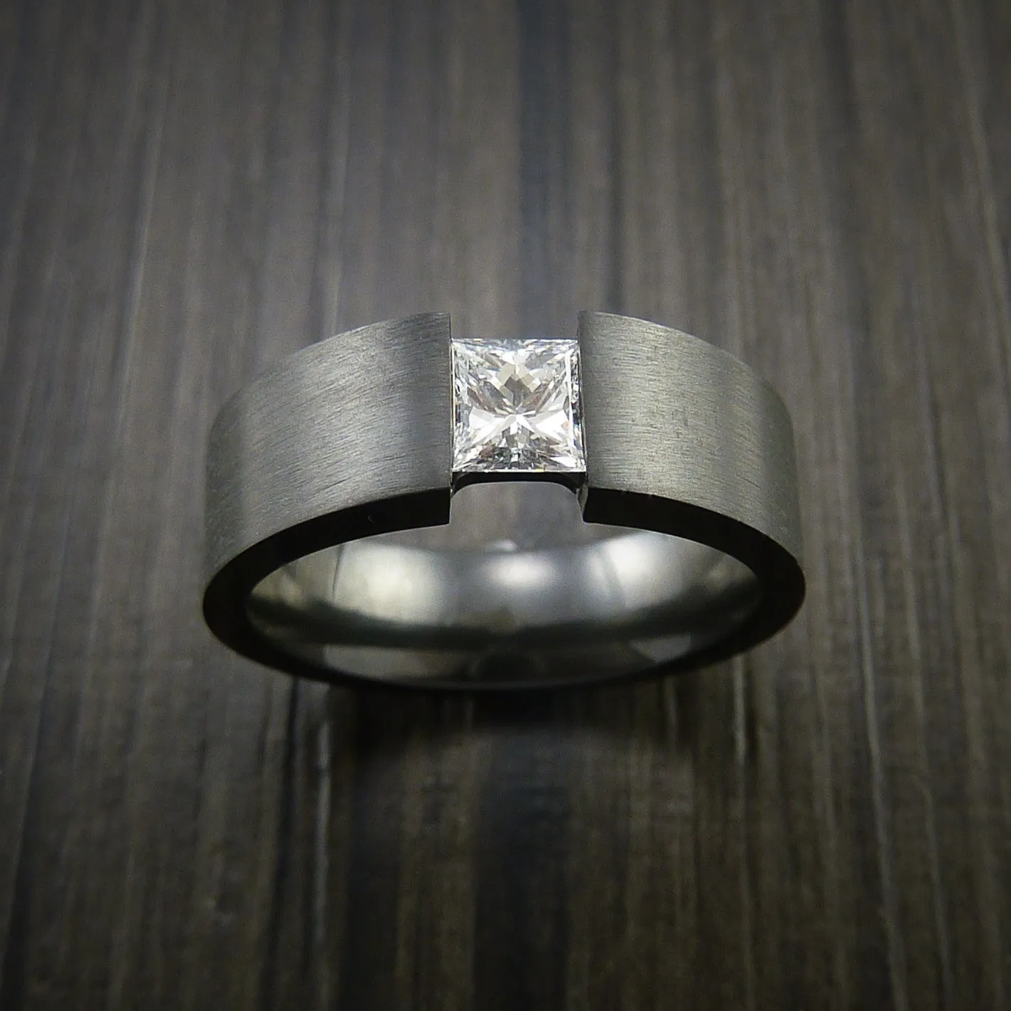 Black Titanium Ring Tension Setting Band with Princess Cut Moissanite