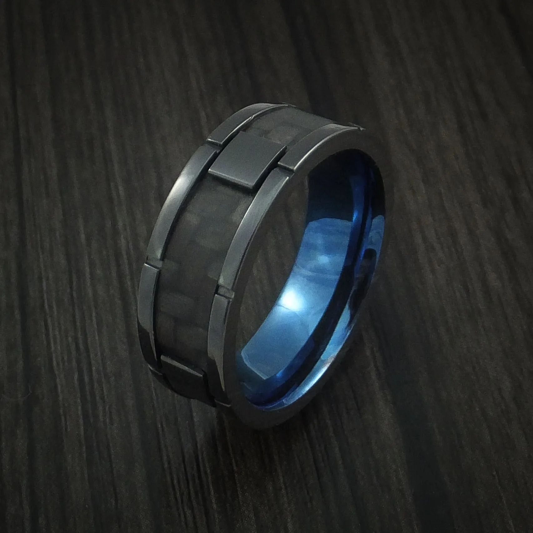 Black Zirconium and Carbon Fiber Weave Pattern Men's Ring with Anodized Interior Custom Made