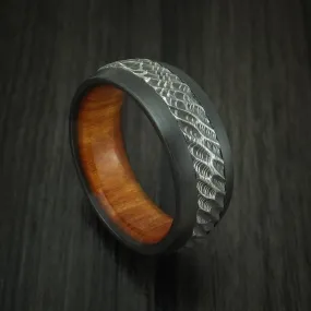 Black Zirconium and Damascus Steel Men's Ring with Tree Bark Carved Finish and Osage Orange Hardwood Sleeve Custom Made Band