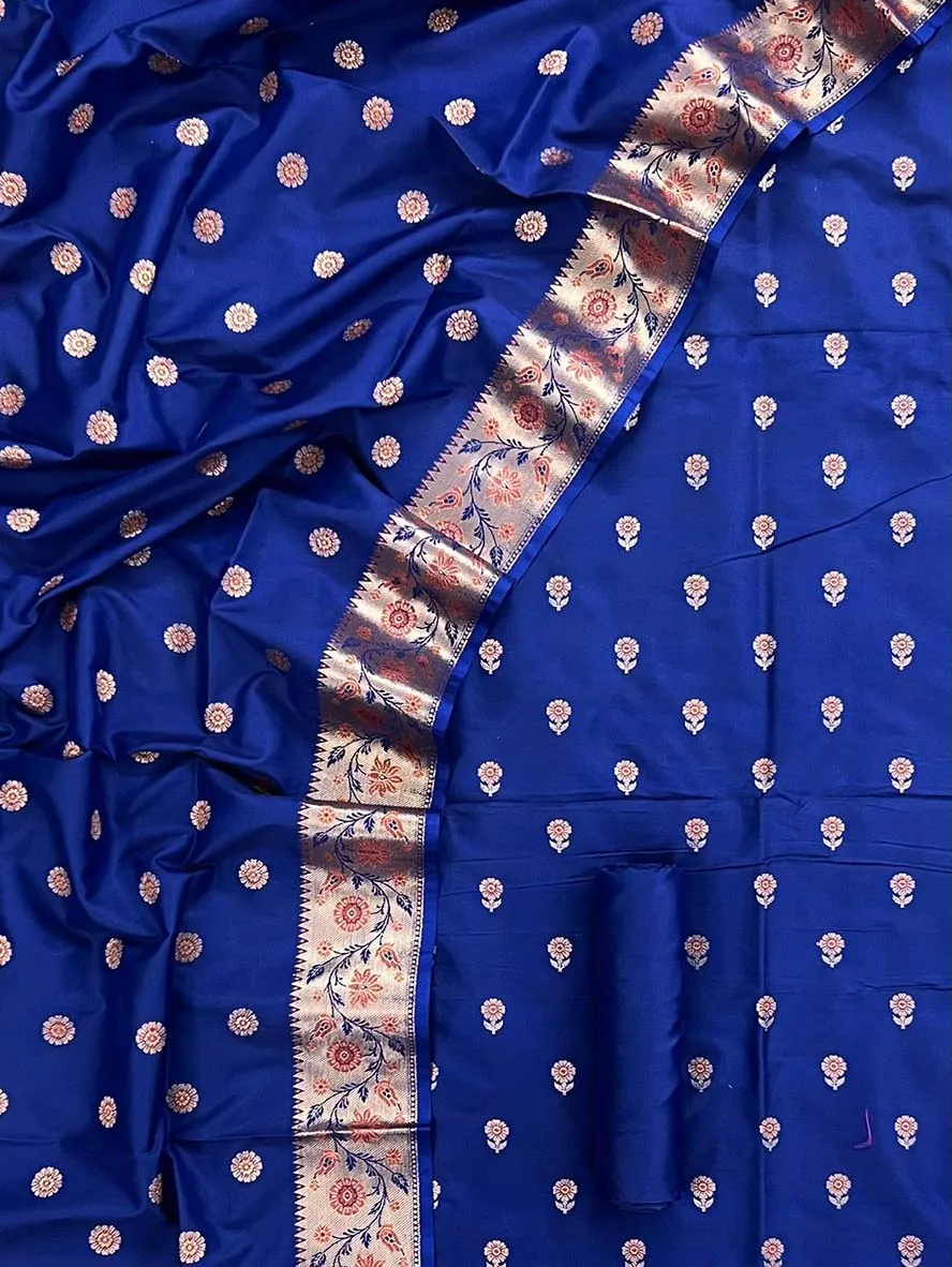 Blue Banarasi Silk Three Piece Unstitched Suit Set