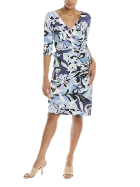 Blue swirl printed jersey wrap dress with 3/4 sleeves