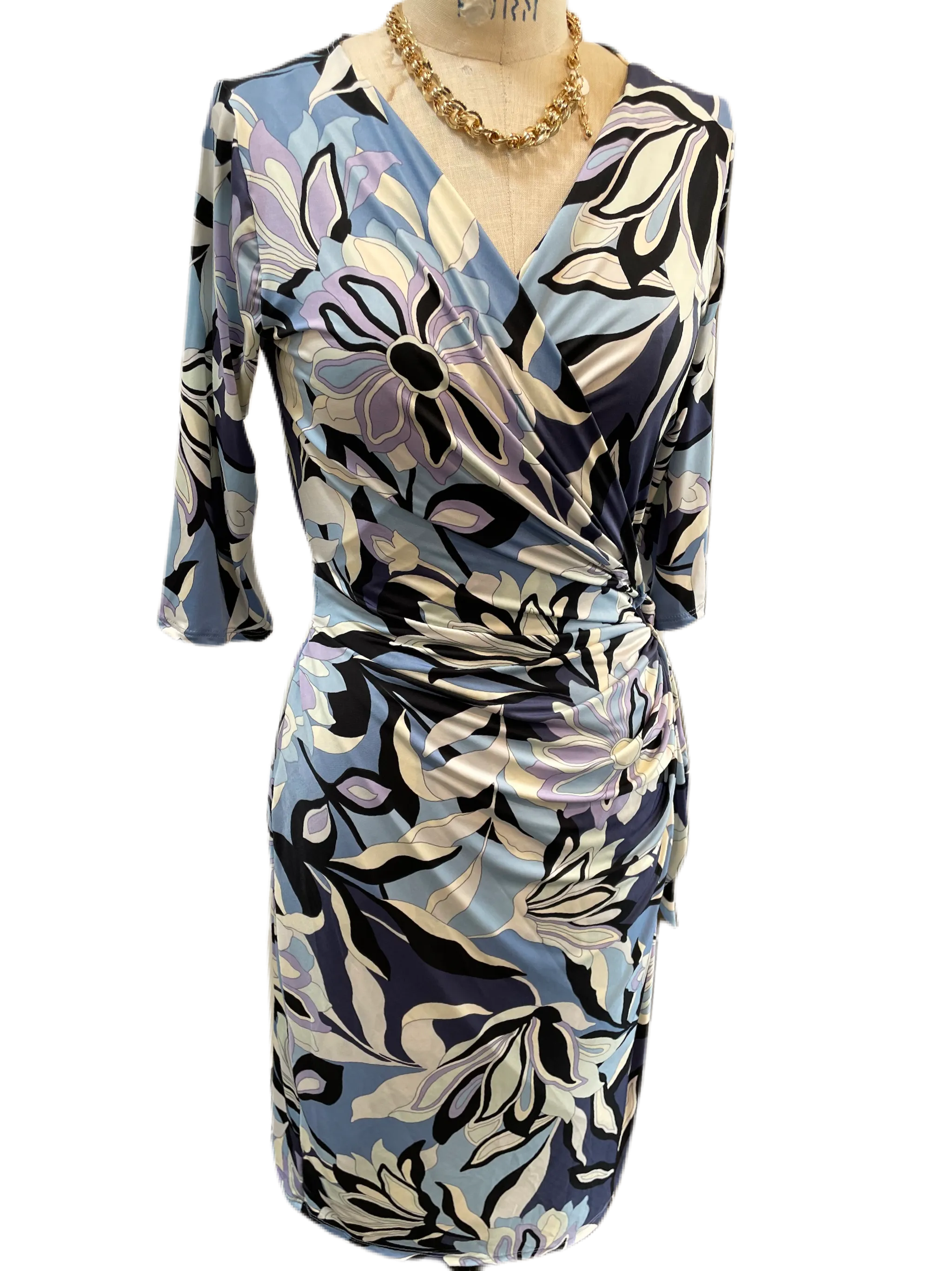 Blue swirl printed jersey wrap dress with 3/4 sleeves