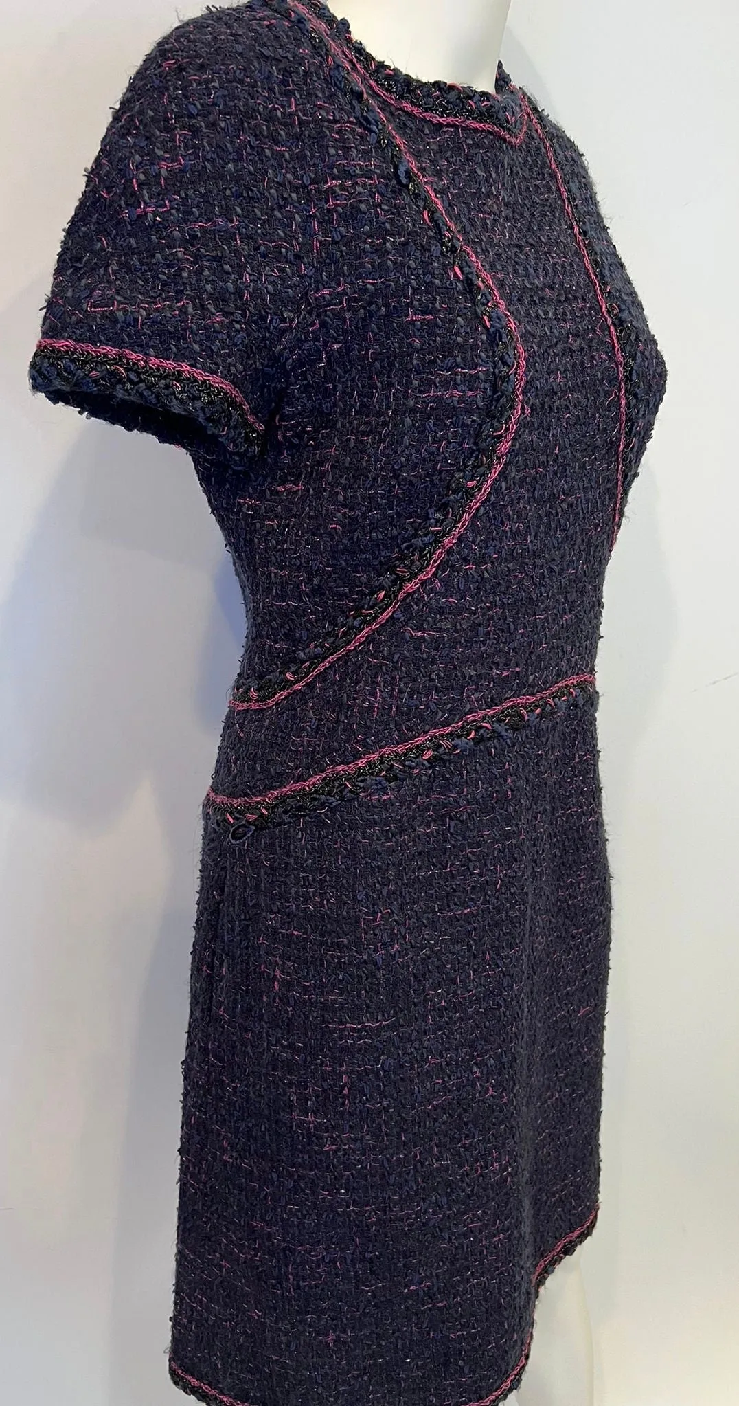 Chanel Navy Blue Black Pink Tweed Dress FR 40 US 6/8