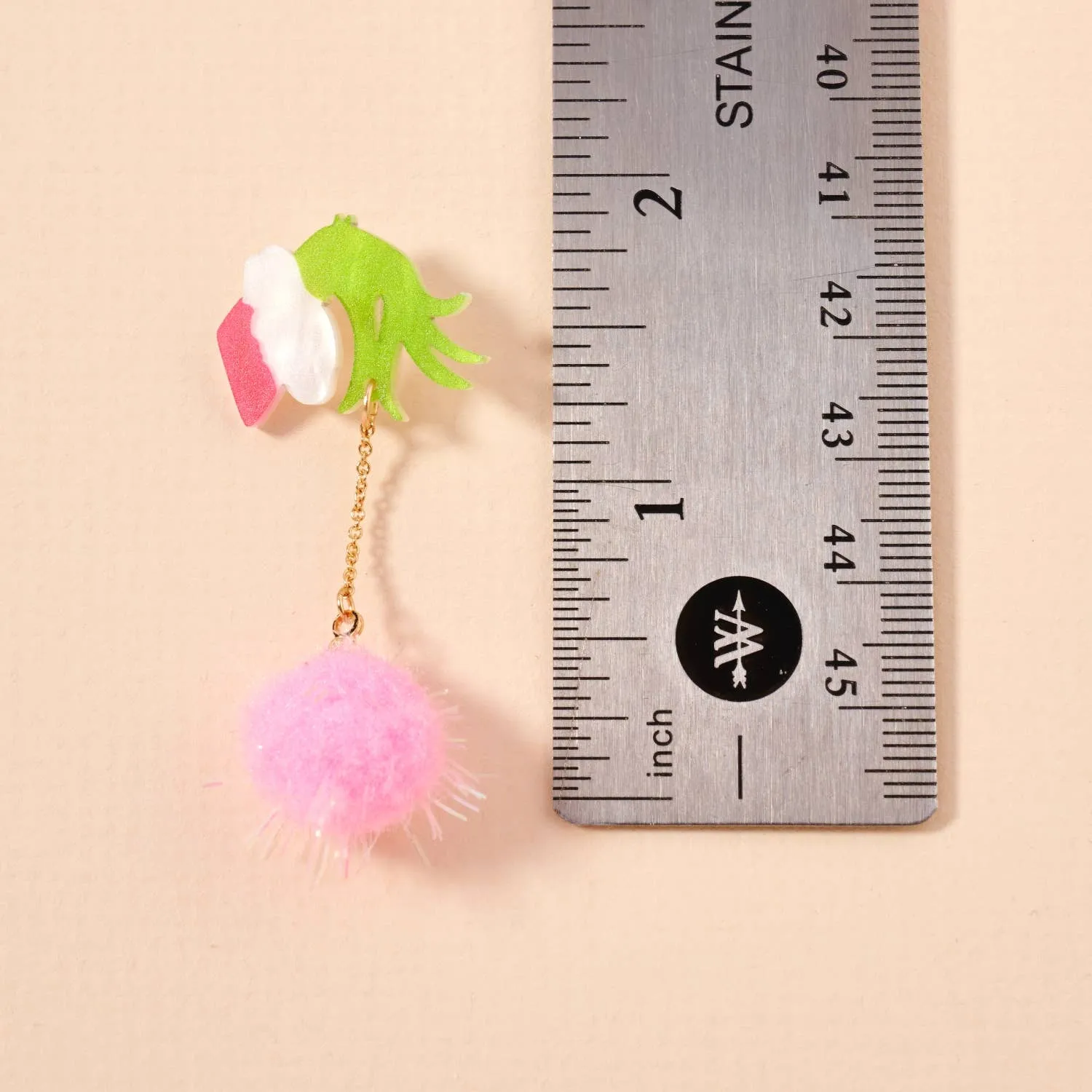 Christmas Green Monster Hand & Pom-Pom Dangling Earrings: Pink