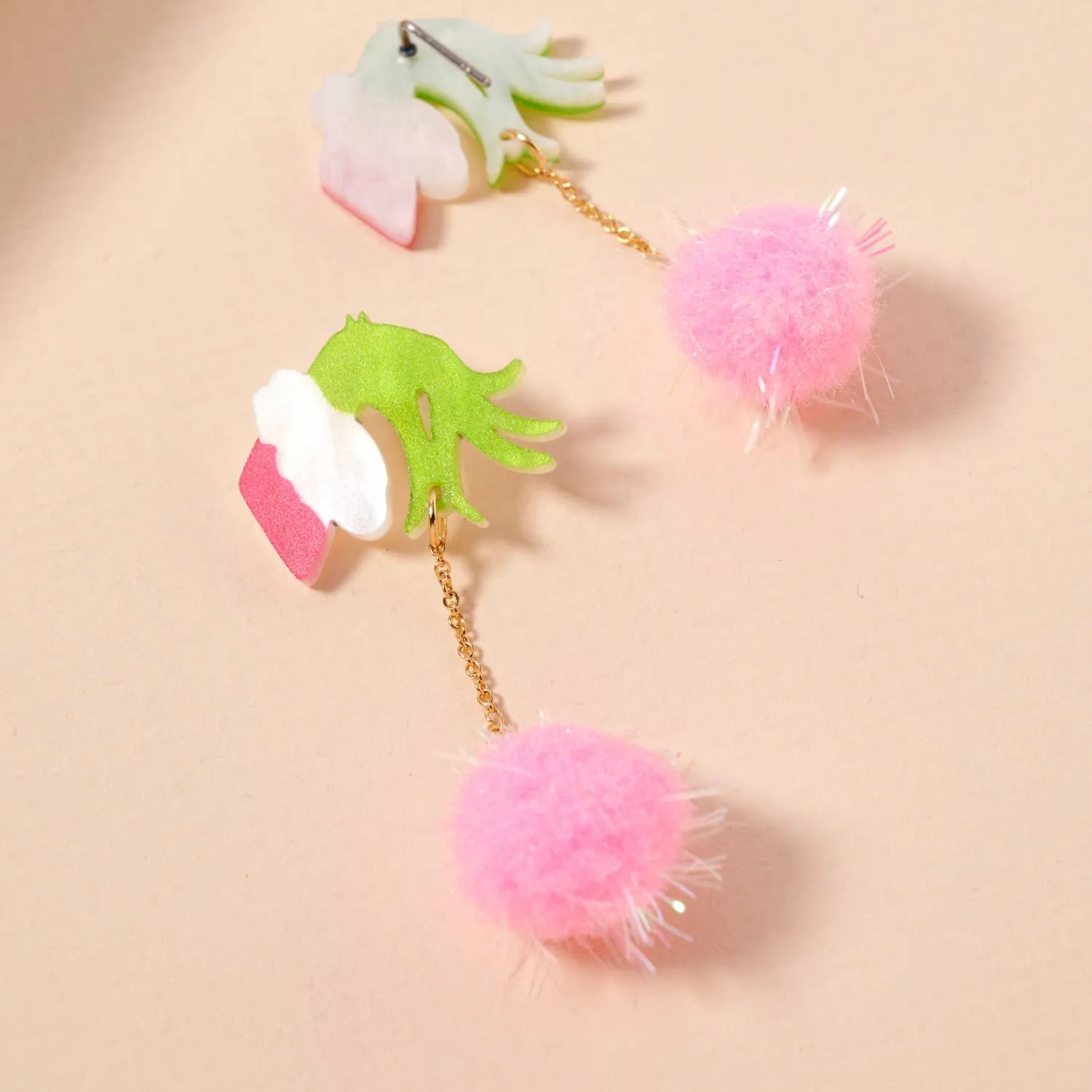 Christmas Green Monster Hand & Pom-Pom Dangling Earrings: Pink