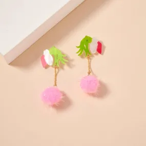 Christmas Green Monster Hand & Pom-Pom Dangling Earrings: Pink