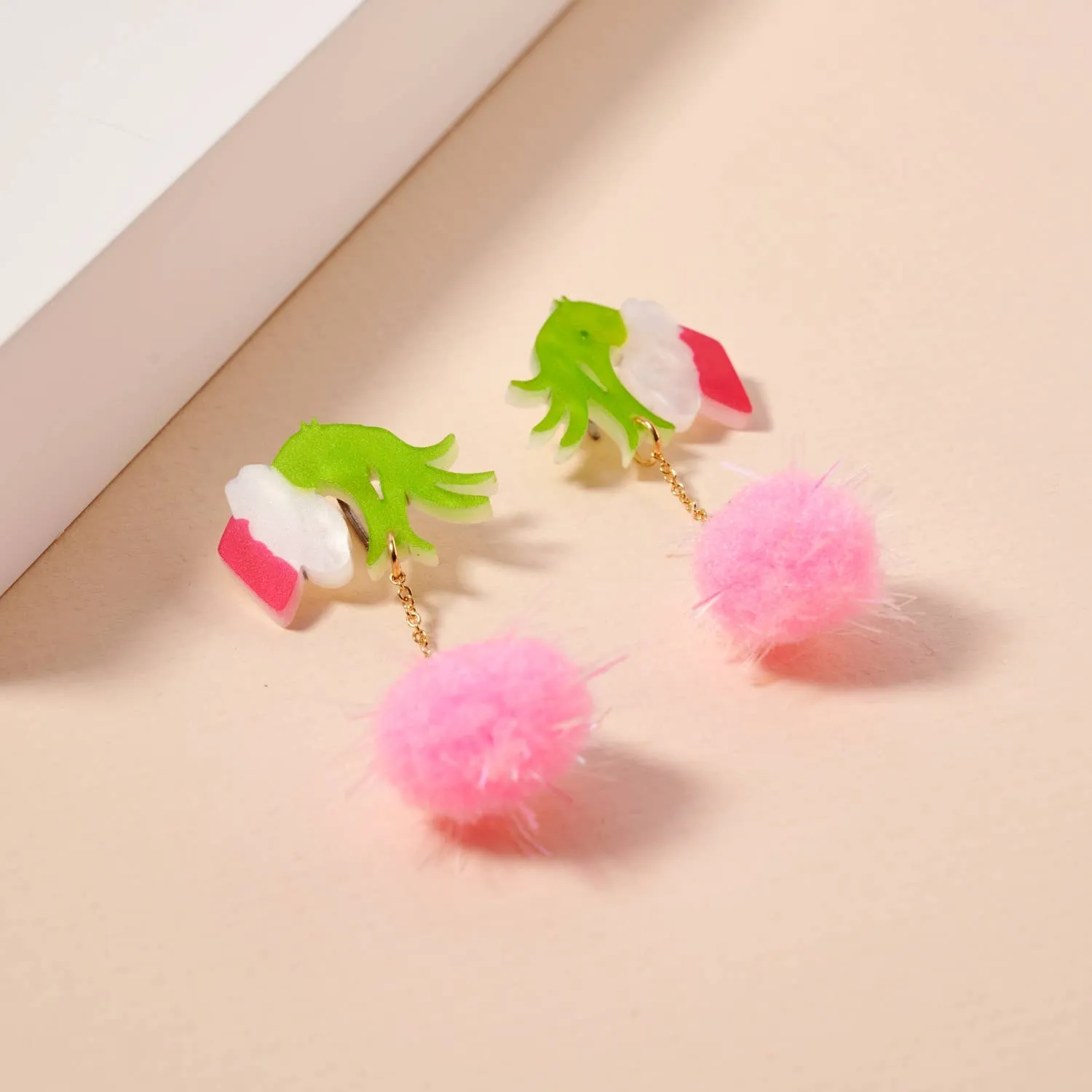 Christmas Green Monster Hand & Pom-Pom Dangling Earrings: Pink