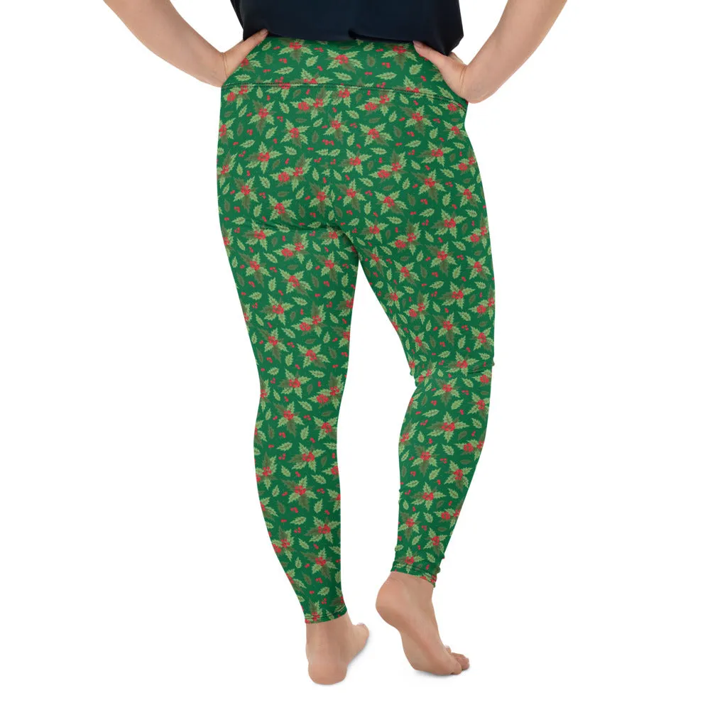 Christmas Holly Plus Size Leggings (Kelly Green)