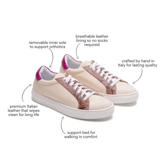 Collodi - Cream with Fuchsia and Pattern Leather Trim Sneaker