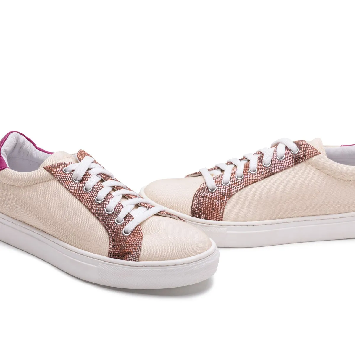 Collodi - Cream with Fuchsia and Pattern Leather Trim Sneaker