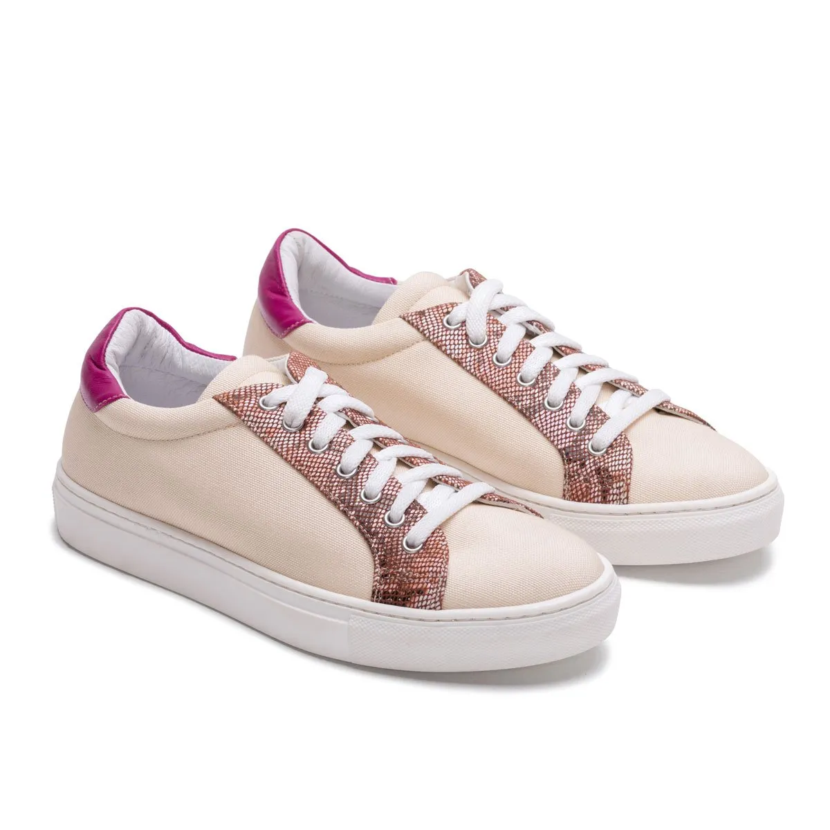 Collodi - Cream with Fuchsia and Pattern Leather Trim Sneaker