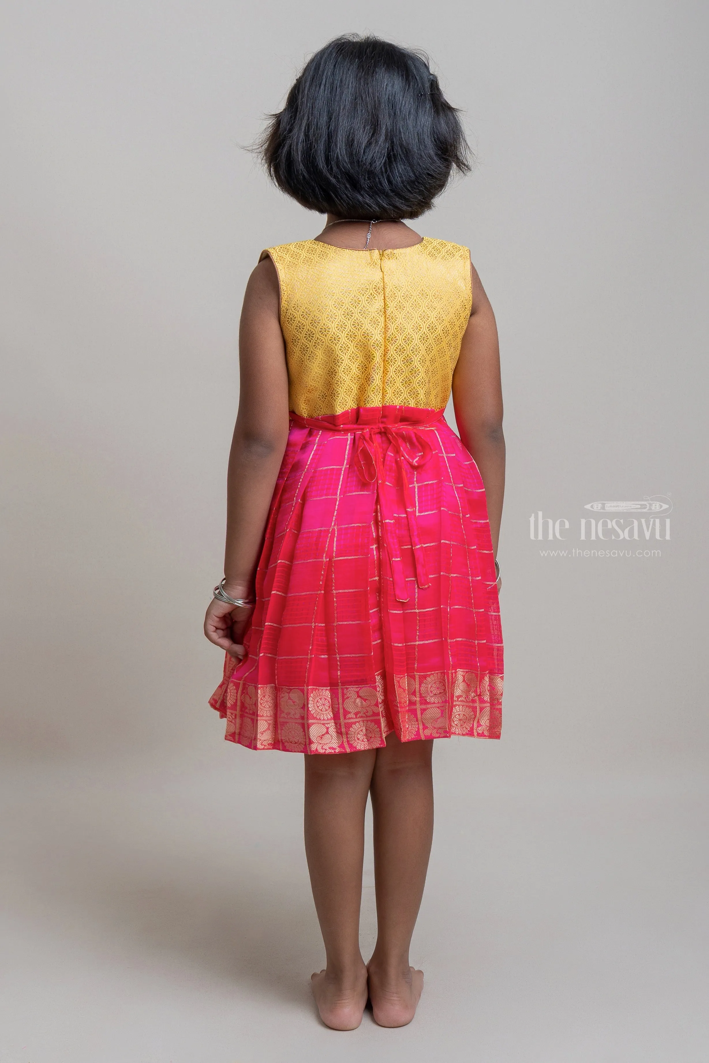 Deeppink Pleated Semi-Silk With Bright Yellow Yoke Frock For Girls