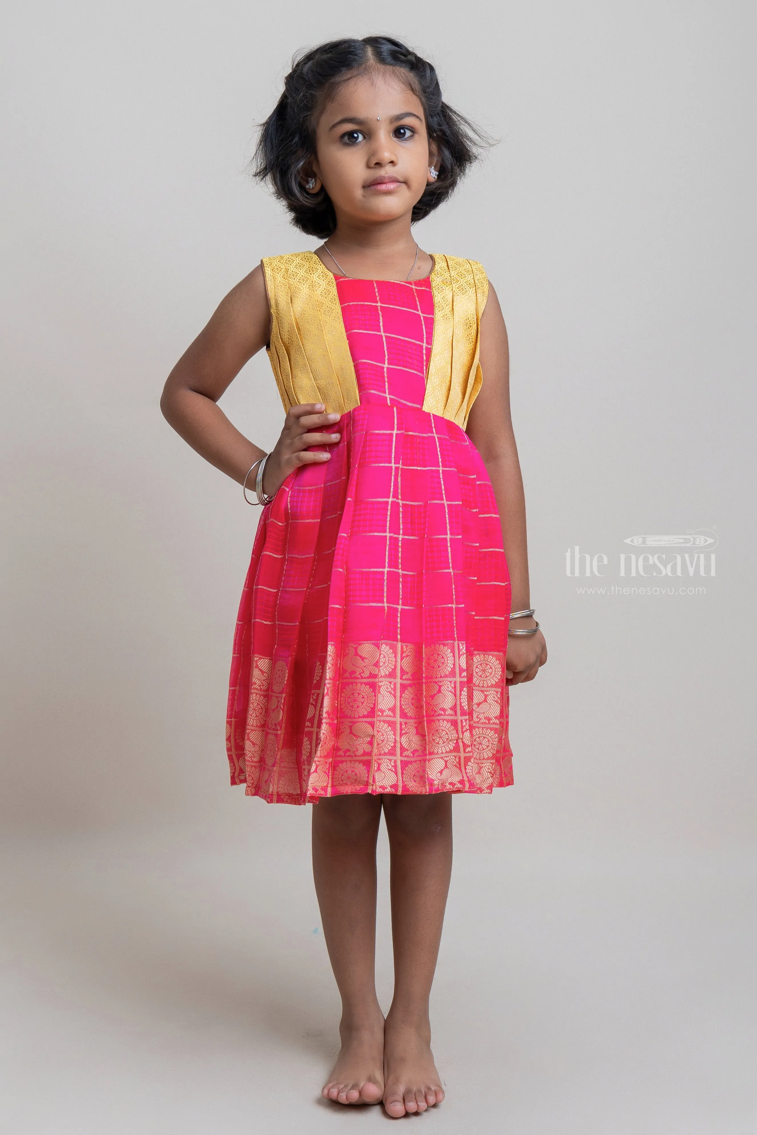 Deeppink Pleated Semi-Silk With Bright Yellow Yoke Frock For Girls