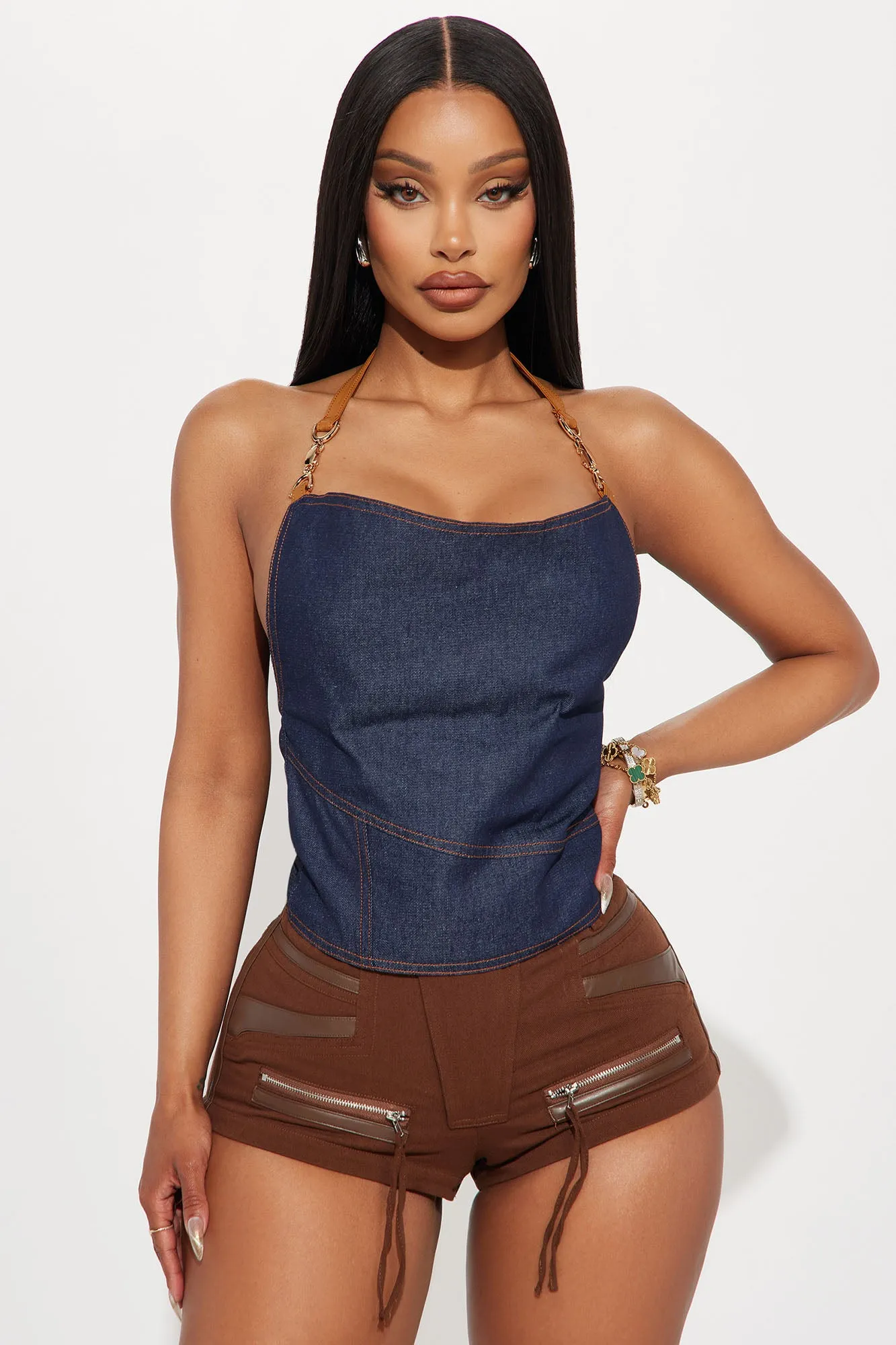 Desi Denim Halter Top - Dark Wash