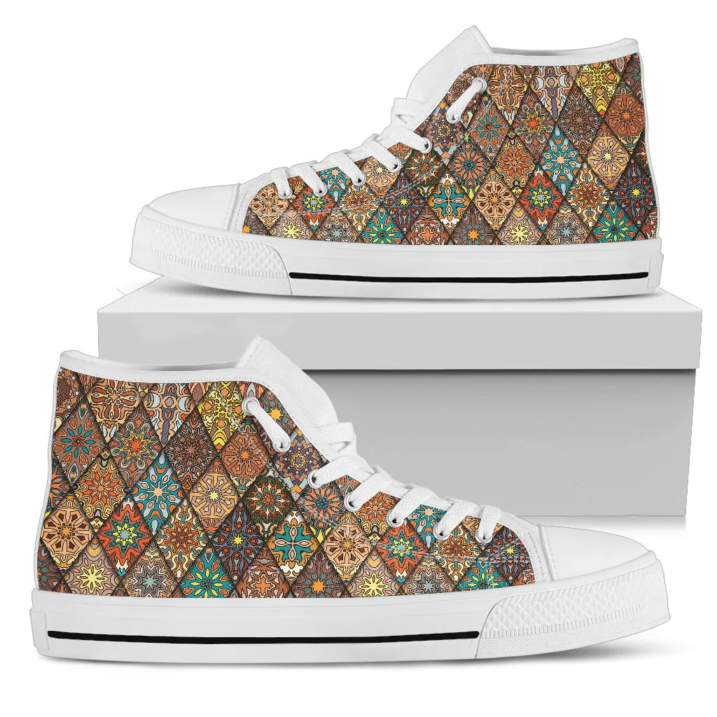 Diamond Mandala P1 - Women's High Top Shoes (White)