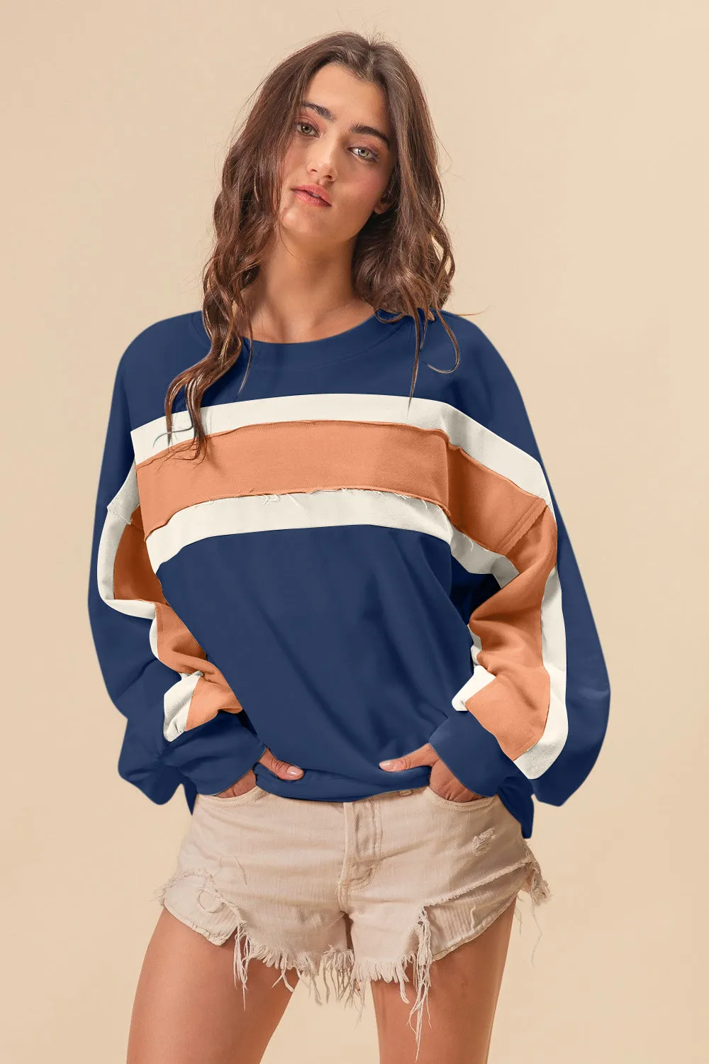 Explore More Collection - BiBi French Terry Color Block Cut Edge Detail Sweatshirt