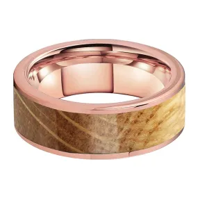 Flat Rose Gold & Whiskey Barrel Inlay Tungsten Ring (8mm)