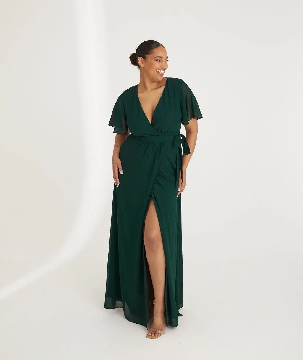 Flutter Sleeve Wrap Tie Chiffon Bridesmaid Dress - Emerald