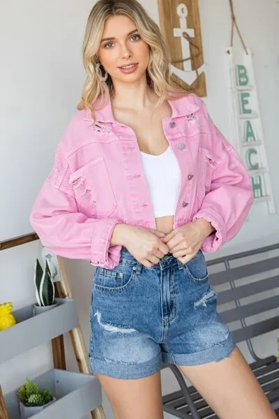 Fringe Distressed Button Up Denim Jacket in Pink