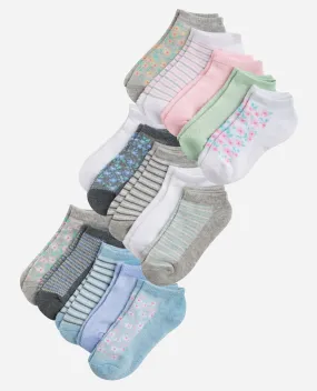 Girls 15-Pack Pique Floral Half Cushion No Show Socks