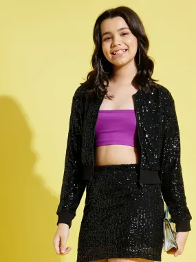 Girls Black Sequin Mesh Crop Jacket