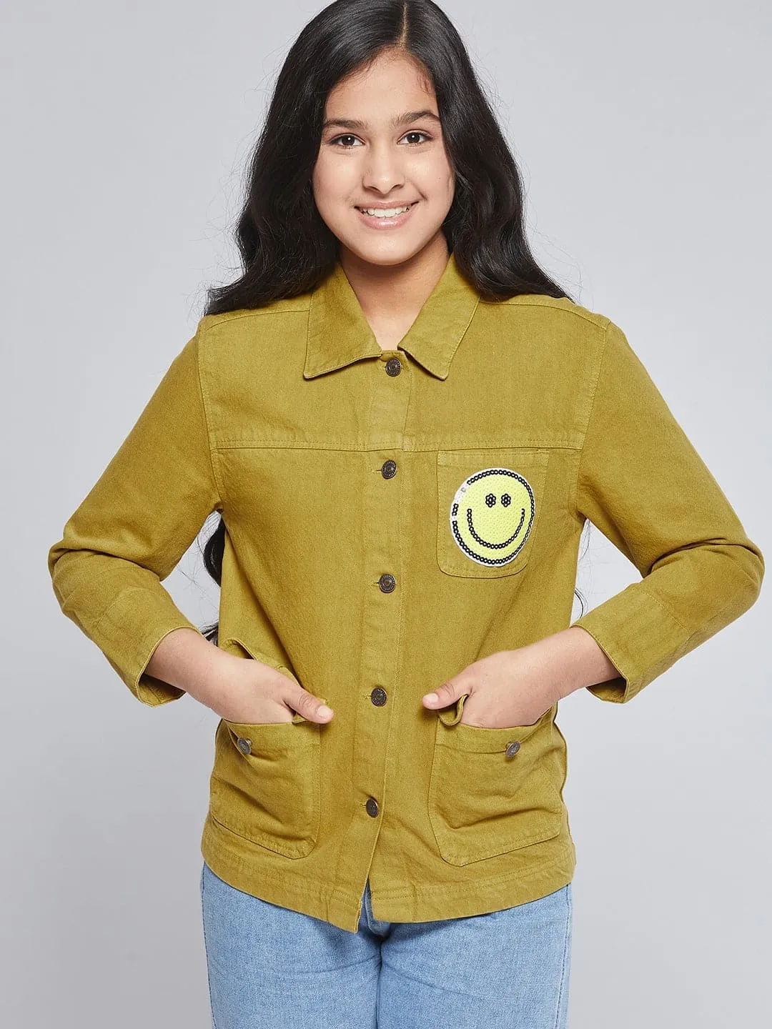 Girls Mustard SMILEY Patch Denim Jacket