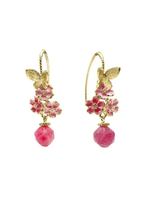 Glazed Flower with Pink Gemstone Dangle Earrings LE002