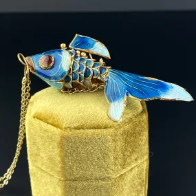 Gold Vermeil Blue Enamel Articulated Fish Pendant Necklace