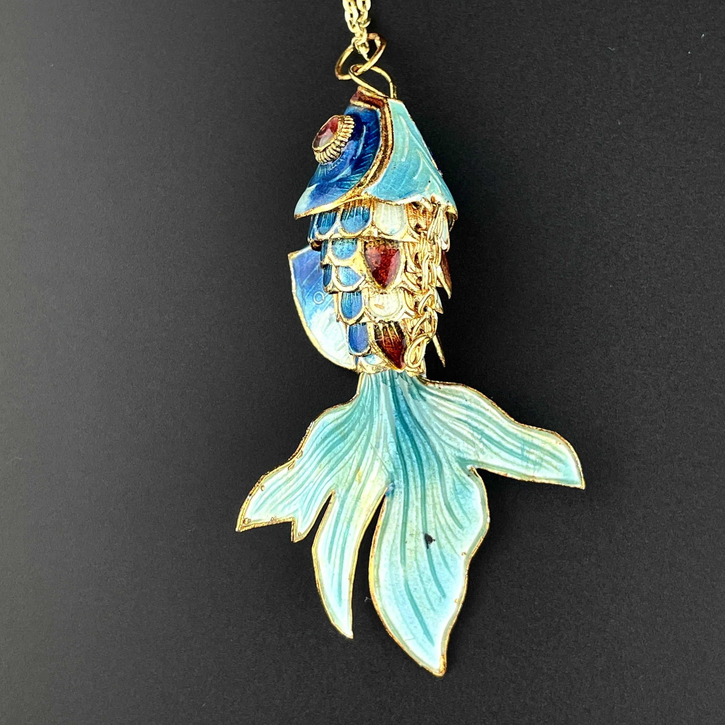 Gold Vermeil Blue Enamel Articulated Fish Pendant Necklace