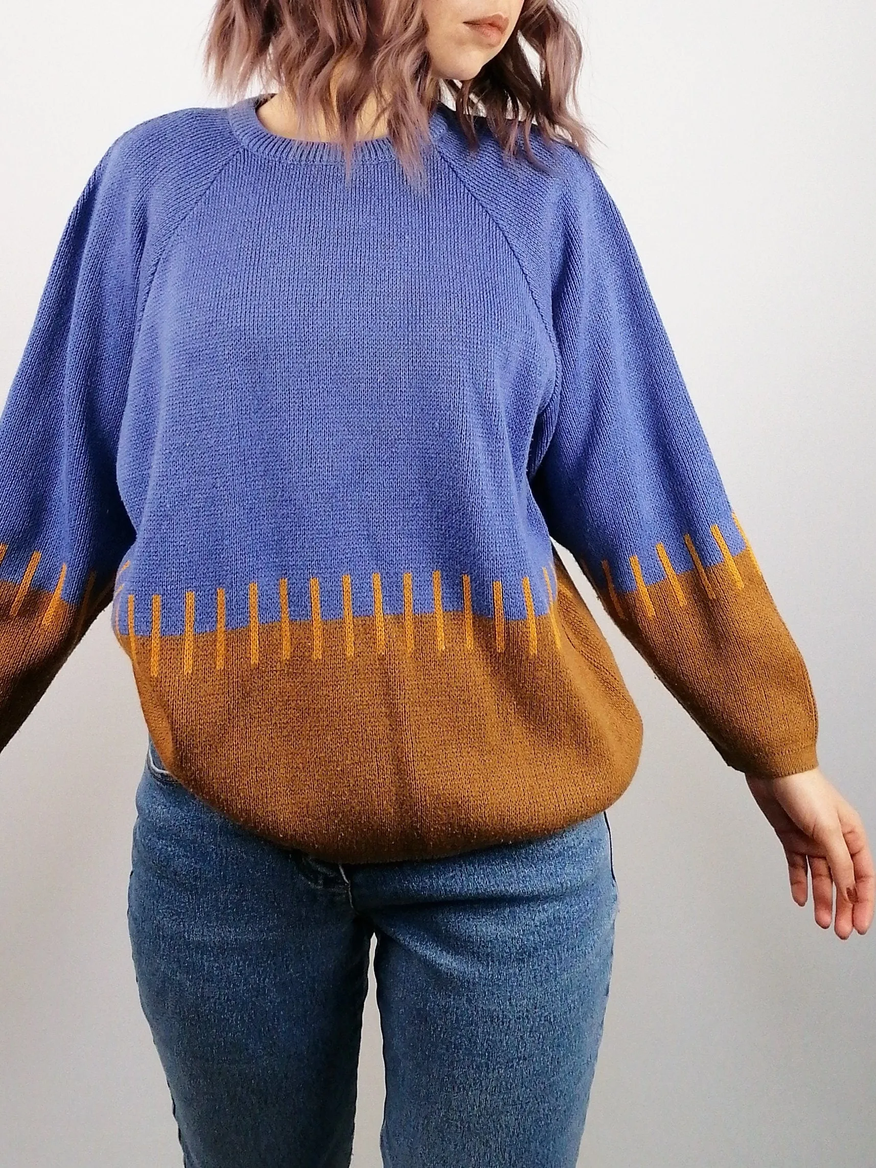 Graphic Pattern Knit Sweater Blue and Burnt Orange - size S-M