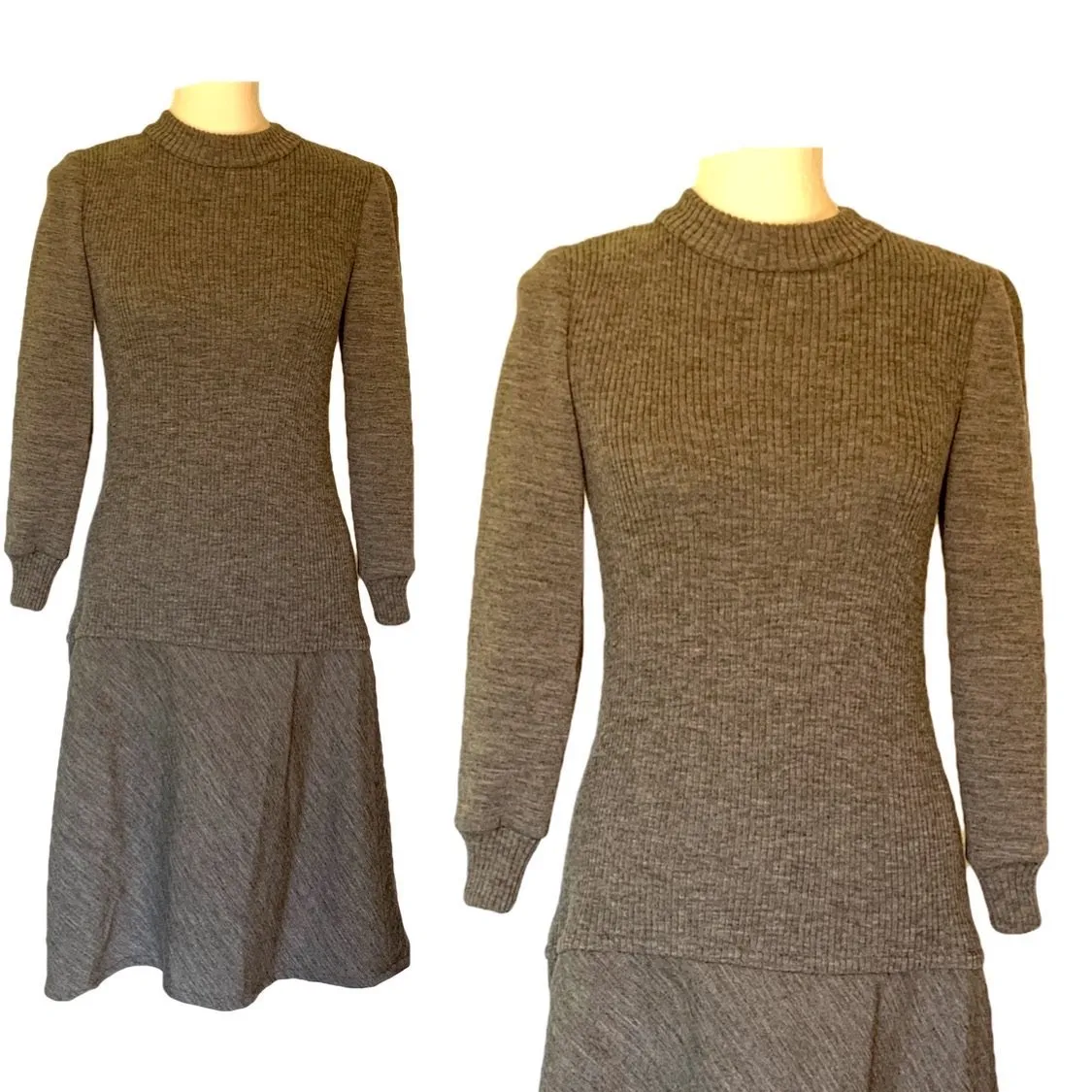 Gray Knit Drop Waist Dress Perfect for Fall. Easy to Dress Up or Down. 1970s Bill Blass